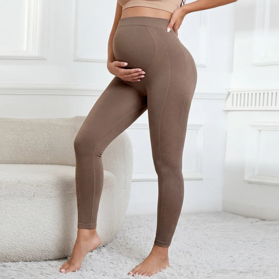 Taupe maternity seamless leggings over-belly waistband support, side lifestyle view