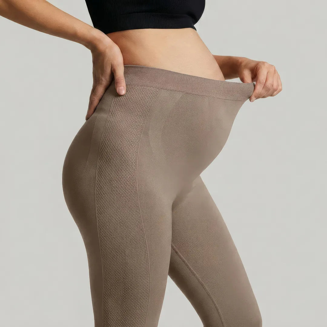 Taupe maternity seamless leggings over-belly stretch panel, close-up waistband detail