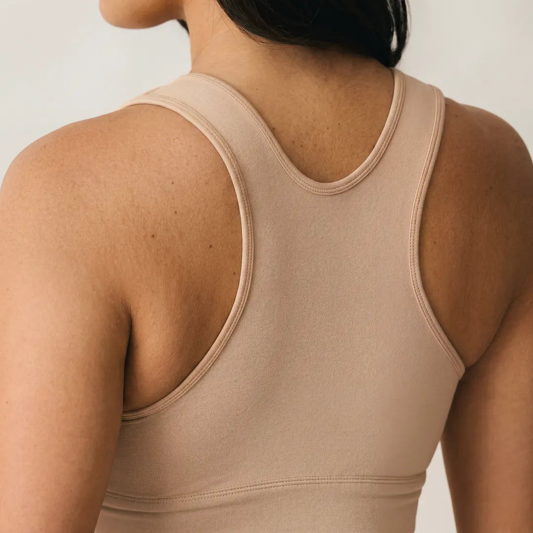 Nude sleep nursing bra solid U-racerback wide strap design, back view close-up detail shot