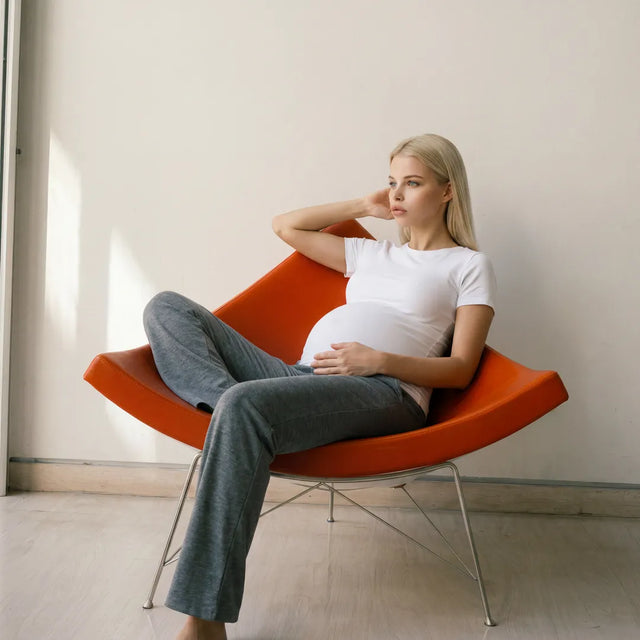 Charchoal wide maternity trousers lifestyle shot, model seated 