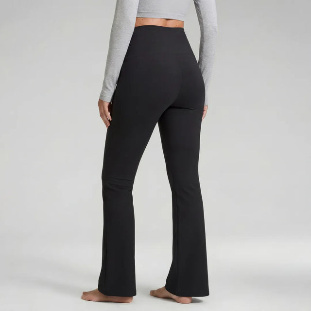 Black wide maternity trousers back view, full length