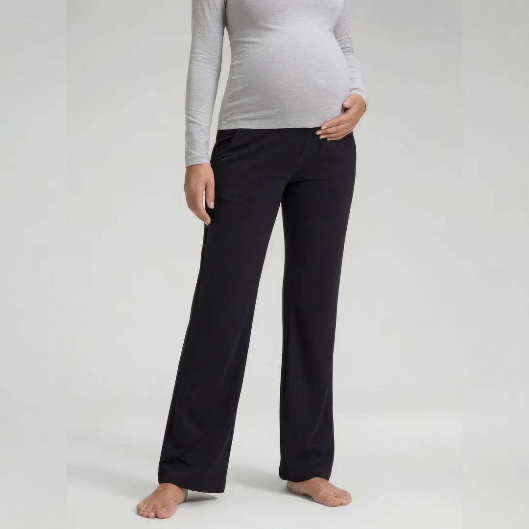 Black wide maternity trousers with over-bump waistband, front view