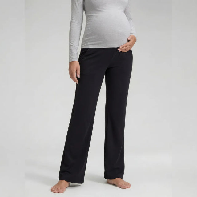 Black wide maternity trousers with over-bump waistband, front view