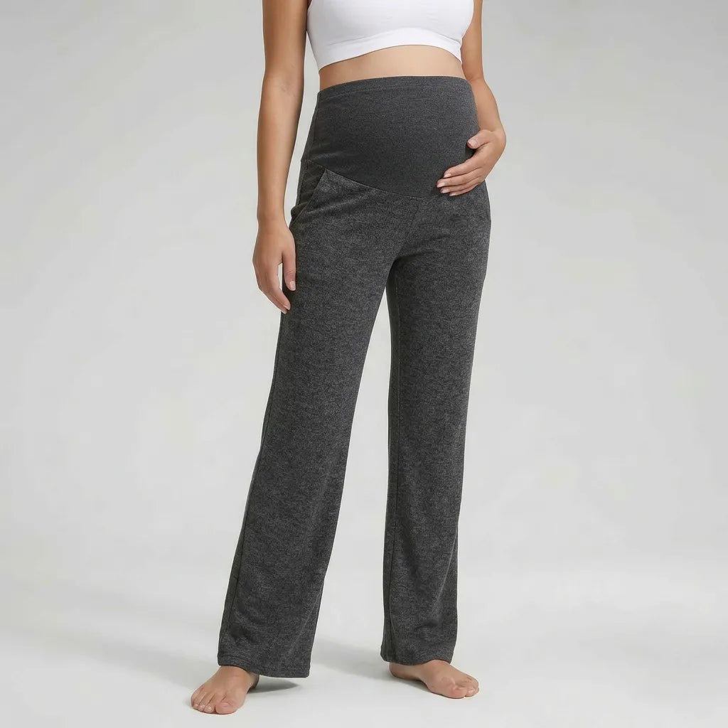 Charcoal wide maternity trousers with side pockets, front view