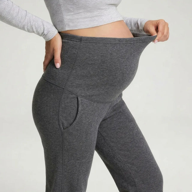 Charcoal wide maternity trousers over-bump waist panel stretch detail