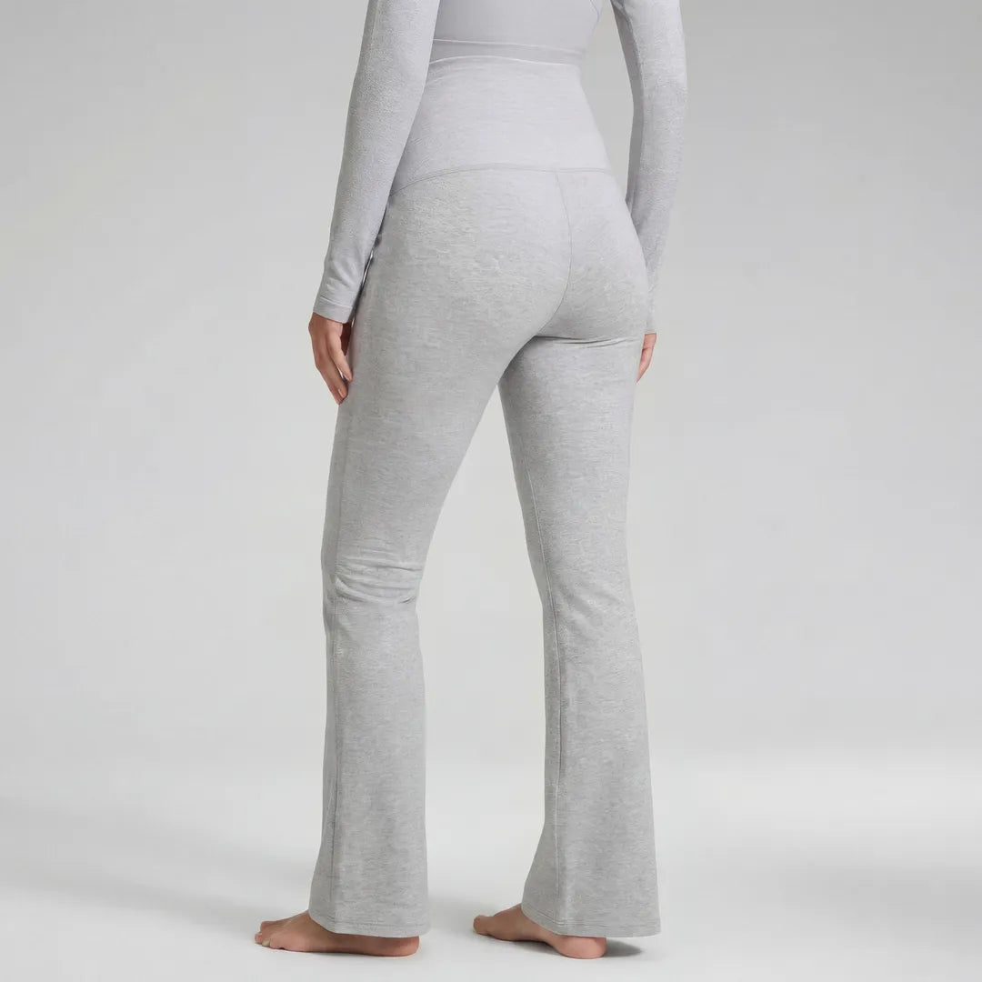 Gray wide maternity trousers back view, full length