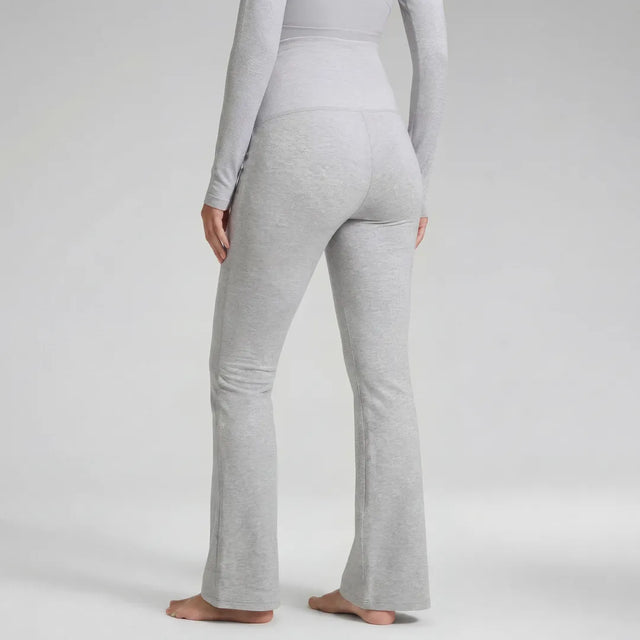 Gray wide maternity trousers back view, full length