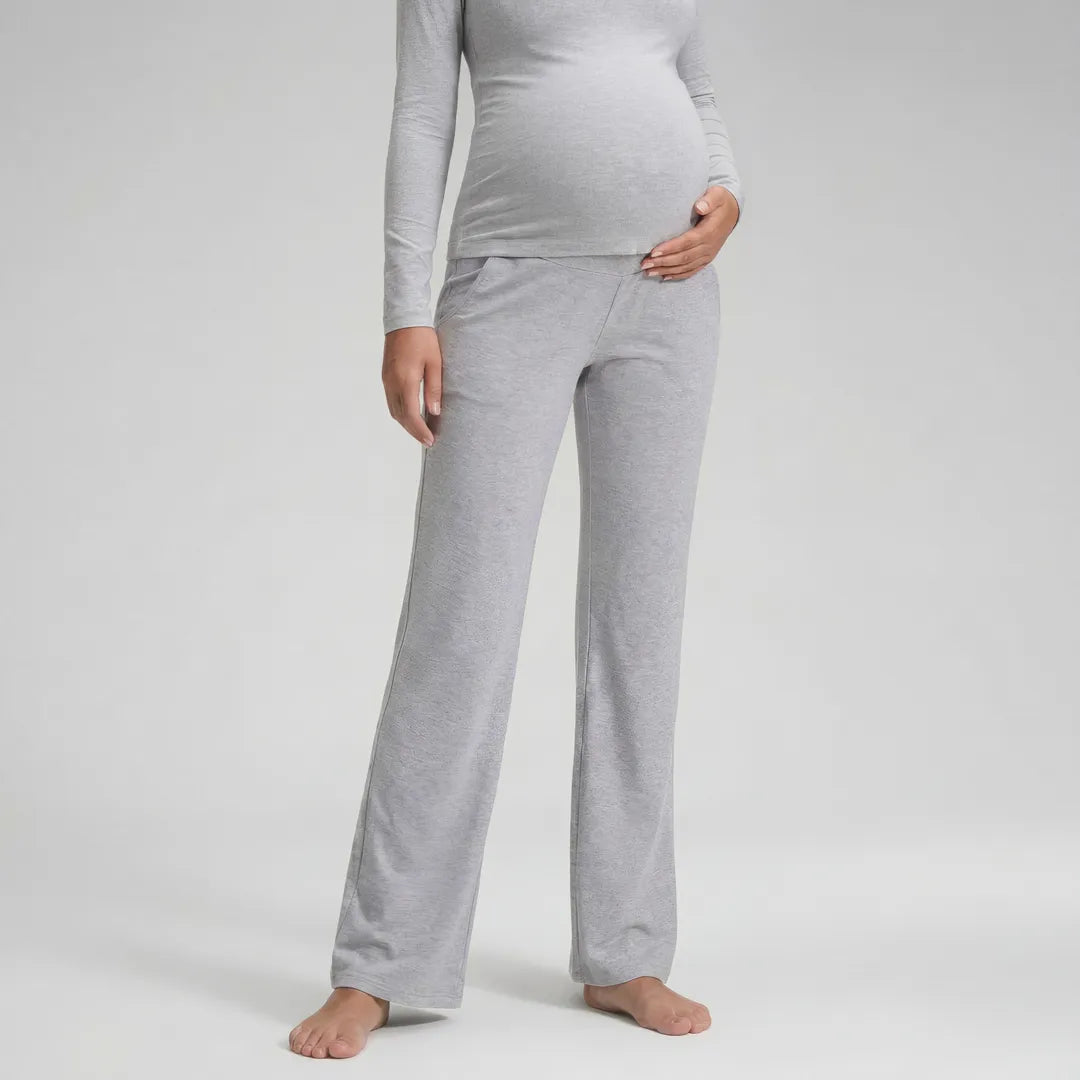 Black wide maternity trousers with over-bump waistband, front view