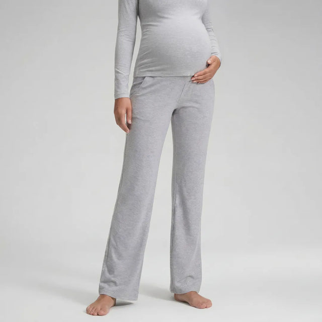 Black wide maternity trousers with over-bump waistband, front view